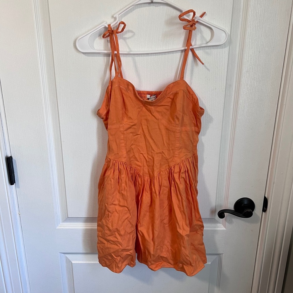 American Eagle Orange Tie Strap Mini Dress Smocked Back Sweetheart Neck Womens M